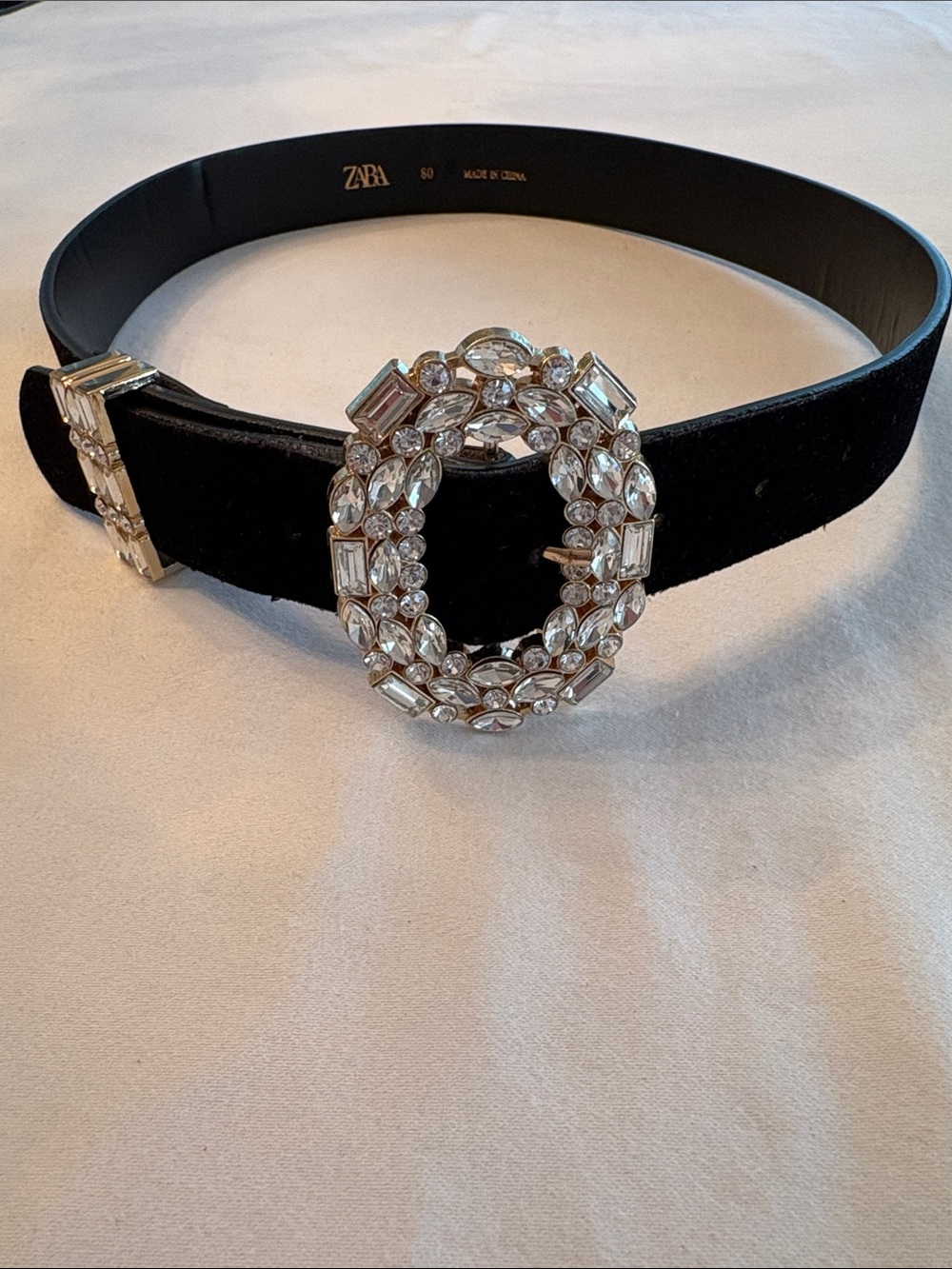 ZARA Black Velvet Belt with Jeweled Oval Crystal Buckle